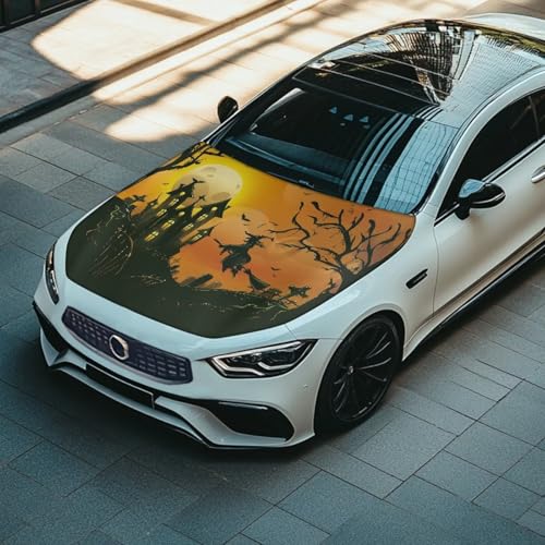 Image of Halloween Moon Witch Hood Cover Stretchable Polyester,Engine Cover,Elastic Fabrics Can be Washed,Car Bonnet All-Season Protection