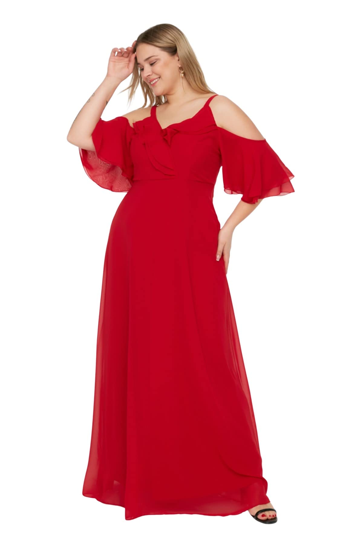 Trendyol Damen Kleid, Midi, A-Linie, lockere Passform, gewebt, Übergröße, rot, 46