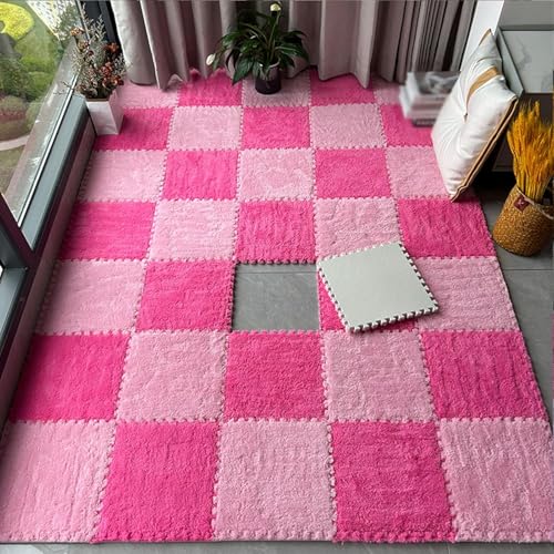 7UIYgtyO LNNNW Plush Piezas Alfombra Puzzle 10 Piezas de Alfombra de Espuma de Felpa entrelazada, Alfombra Cuadrada de Espuma de Rompecabezas for habitación, Sala de Estar, Dormitorio(Pink+Rose Red)