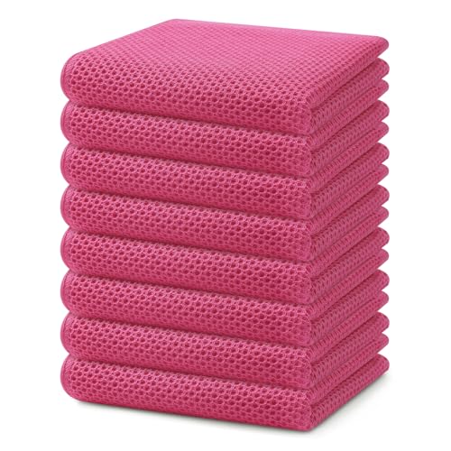 Image of Homaxy 100% Cotton Waffle Weave Kitchen Dish Towels, Ultra Soft Absorbent Quick Drying Cleaning Towel, 13 x 28 Inches, 8-Pack, Hot Pink