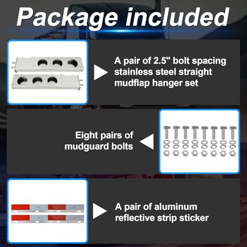 Image of Stainless Steel Mud Flap Hanger Set with Circle Light Cutouts 2-1 /2 inch Bolt Spacing 30 inch Length Rear Bar for Semi Trucks, 2.5 inch Bolt Spring Loaded with Aluminum Reflective Tapes
