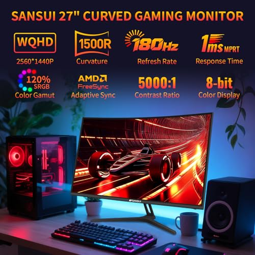 undefined SANSUI 27 Inch WQHD 2560X1440 Curved Gaming Monitor, 180Hz MPRT 1ms Computer Monitor,HDMI2.0 * 2, DP1.2 * 2, Freesync, Curved 1500R, 5000:1 Contrast Ratio, 120% sRGB,HDR(ES-G27C1Q DP Cable Included) の商品画像 1