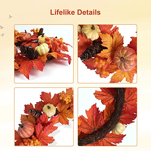 Fall Wreaths For Front Door 20 Inch With Wreath Hanger - Halloween Wreath Artificial Pumpkin Maple Leaf, Harvest Autumn Fall Door Wreath Decorations For Window Front Porch Thanksgiving Fall Decor #TOP2
