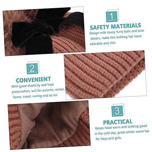 Boy Girl Bow Knitted Hat Soft and Warm Winter Hat for Boys and Girls Comfortable Stretchy Design Dark Brown for Photography and Daily Wear3