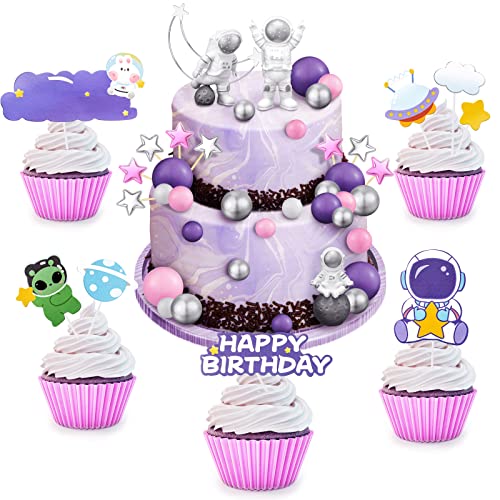 24 Pcs Astronaut Space Cake Toppers Outer Space Cake Toppers Decoration Astronaut Figurines Planet Rocket Satellite Pearl Balls And Stars Space Theme Decor For Birthday Party Baby Shower (Pink Purple) #TOP6