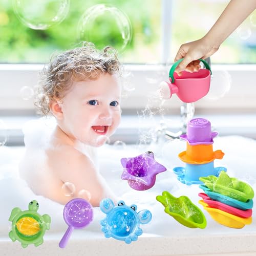 Vlecexs 10 Stück Baby Badespielzeug Badewannenspielzeug Wasserspielzeug Kinder ab 1 2 3 4 Jahre Jungen Mädchen Pool Strand Spielzeug Babys Kleinkinder Schwimmbad Schimmelfreies Spielzeug Stapelbecher