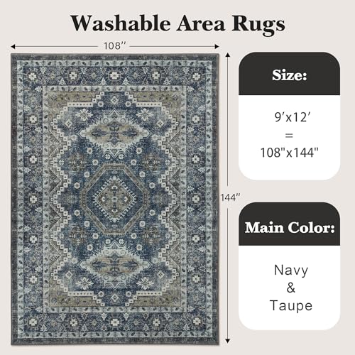 Rugland 9x12 Area Rug - Stain Resistant Washable Rug, Anti Slip Backing Rugs for Living Room, Vintage Tribal Area Rugs (TPR07-Navy, 9'x12')