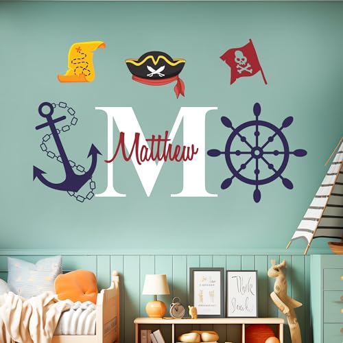 CRYPTONITE Personalized Name & Initial Rudder & Anchor Vinyl Wall Decor - Nautical, Pirate Style - Blue - Wall Decal