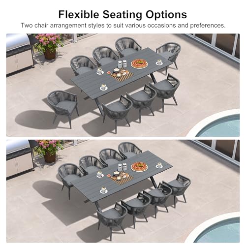 Image of PURPLE LEAF 9 Piece Longer Outdoor Dining Set with Patio Aluminium Dining Table and Wicker Chairs Modern Furniture Cushions Sets for Backyard Indoor Decor Kitchen Gray