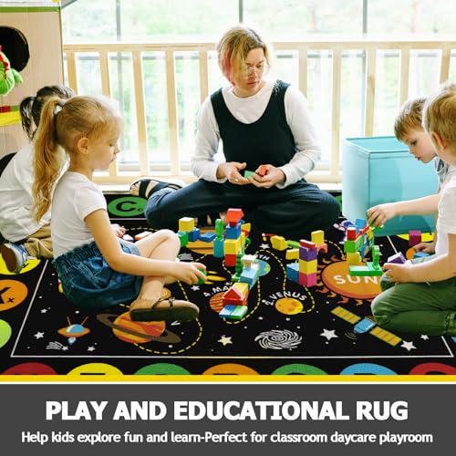 Capslpad M03BK06 Black Outer Space Kids Play Rug Abc Alphabet Kids Play Mat For Toddlers Non Slip Solar System Star Planets Nursery Rug thumb #5