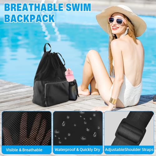 Image of PROBEROS Drawstring Swimming Bag, Quick Dry Mesh Beach Bag Drawstring Backpack Swimming Gear Lightweight Multifunctional for Riding, Hiking, Camping
