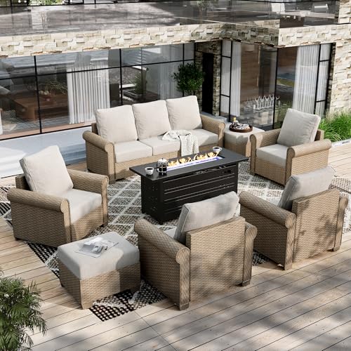 Image of HERA'S HOUSE Patio Furniture Set, 4 x Cushioned Chairs, 3-Seat Sofa with Wood Grain Coffee Table, 5 Seats Luxury Windsor Style All Weahter Outdoor Sofa Conversation Set for Deck Lawn Backyard