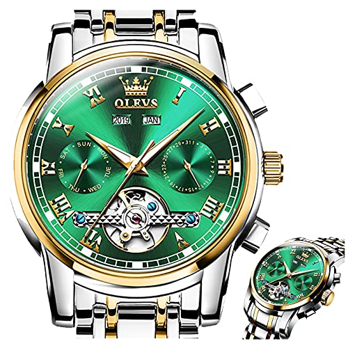 OLEVS Automatic Mens Wrist Watches,Luxury Skeleton Tourbillon Green Dial Stainless Steel Waterproof Mechanical Watches for Men with Luminous Date Self Winding Mens Watches Without Battery