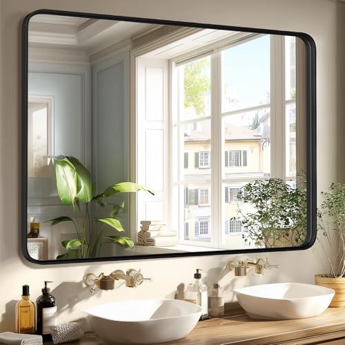 Image of Sweetcrispy Bathroom Mirror 40x30 Inch Black Metal Framed Rounded Rectangle Vanity Mirror for Wall, Over Sink, Farmhouse, Restroom, Anti-Rust, Modern Decorative, Horizontal or Vertical Hanging