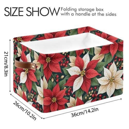 Image of Aslsiy Storage Basket Red White Poinsettias Holly Leaves (5) Nursery Bins Baby Box Canvas Clothes Shelf Basket Laundry Hampers 1 Pcs