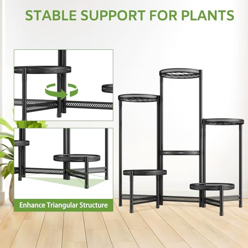Image of iDavosic.ly 6 Tier Large Plant Stand Indoor with 10-Inch Wide Drainage Tray, Tiered Corner Metal Outdoor Flower Display Holder Shelf, Folding Tall Rack for Patio Porch Balcony, Black Iron Carving