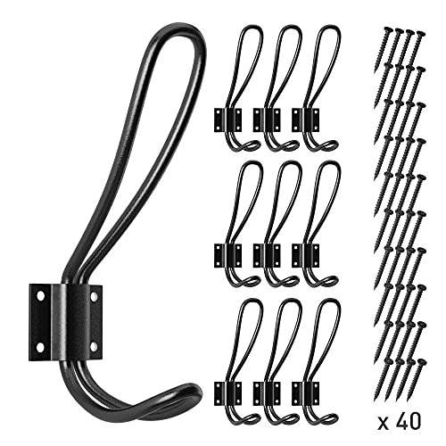 YAKAON Metal Hooks, Wall Mounted Hooks, Heavy Duty Wall Hook,Black Coat Hooks Hardware,10 Packs Vintage Double Hooks for Hanging, Decorative Entryway Hooks