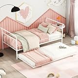 Twin Size Daybed with Trundle Twin, Heavy Duty Daybed with Curved Handle and Slats, Metal Daybed for Kids, Girls, Boys, No Box Spring Needed, White Day Bed Twin Size