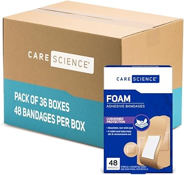 Care Science Foam Adhesive Bandage, 48ct Assorted Sizes Pack of 36 | Foam Adhesive Bandages for Wounds, with Long Lasting 8 Hour Protection Wound Covering, Non-Stick Self Adhesive Dressing