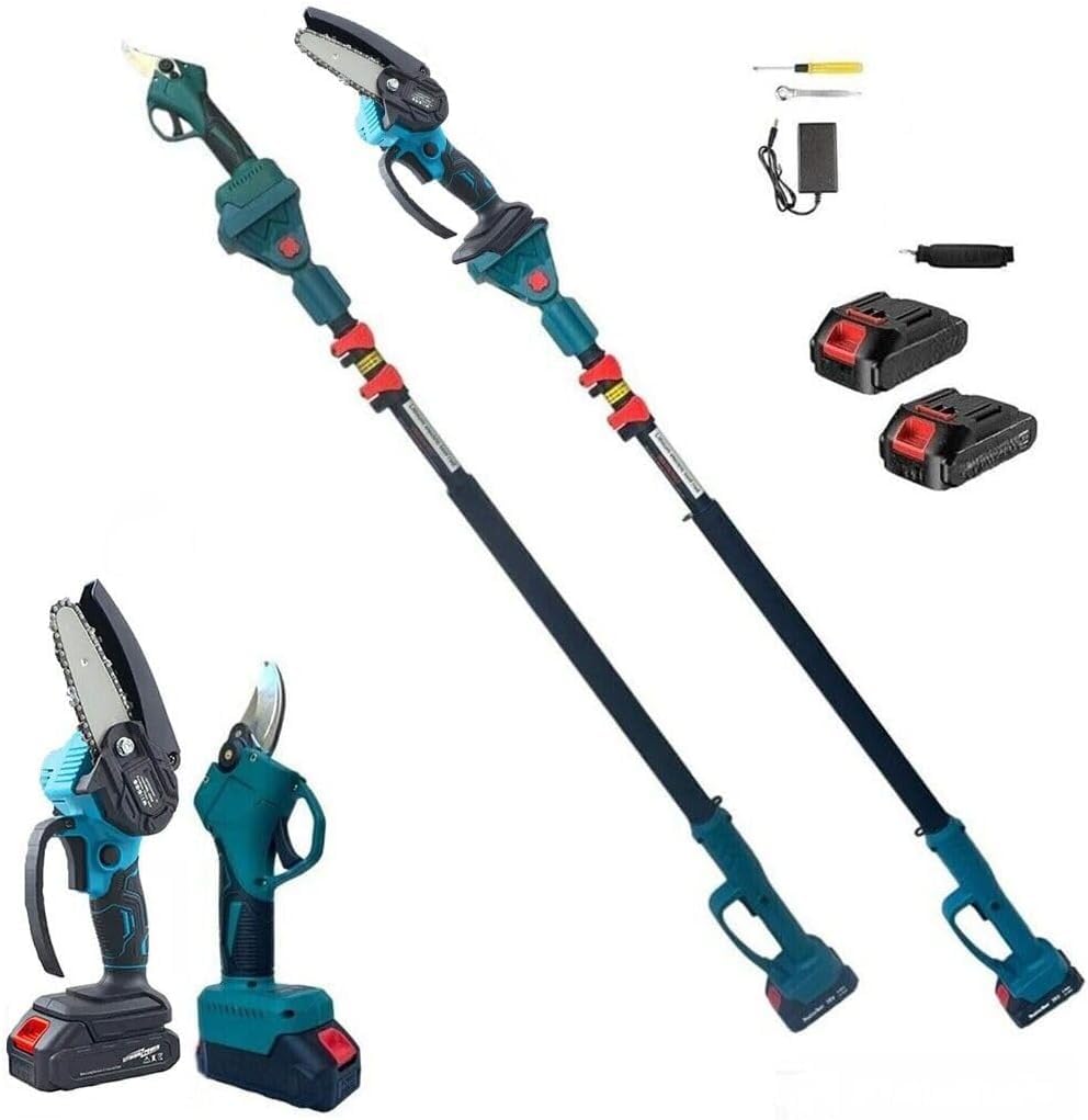 Kit di potatura con mini motosega e forbice cesoia a batteria telescopica, ideale per rami e arbusti di piccole dimensioni