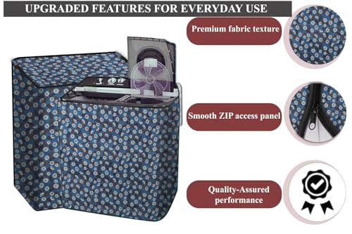 Image of The Furnishing Tree Polyester Waterproof Semi Automatic Washing Machine Cover Suitable for LG 9 Kg, 9.5 Kg & 10 Kg, Dimension DxWxH In Cms: ( 53.3x89x99 ), Floral Pattern Blueish Grey