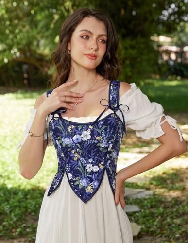 Image of SCARLET DARKNESS Corset Tops for Women Renaissance Costume Floral Lace Up Boned Bustier with Zip