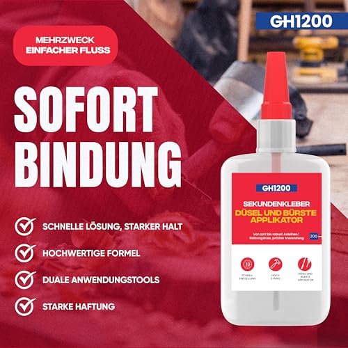 GH1200 (2-in-1) sekundenkleber extra stark mit Pinselapplikator & Düse - Superschneller & stark haftender superkleber - Cyanacrylatkleber super glue für harte Kunststoffe, DIY Handwerk und vieles mehr