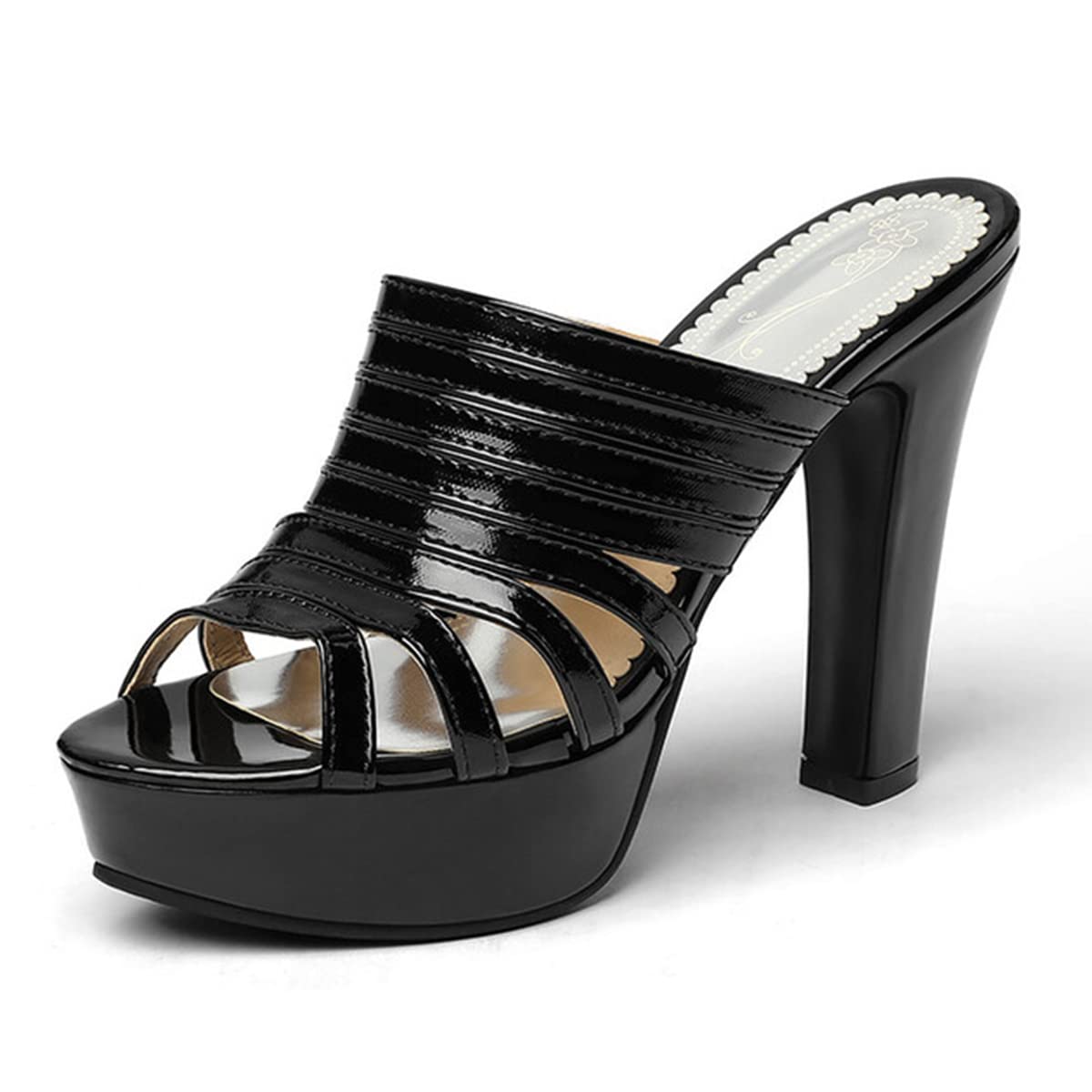 AMESHION Women’s Fashionable Peep Toe Platform Chunky High Heel Sandals Patent Leather Slip-on Slide Dressy Shoes Dancing Party Evening Dating Club