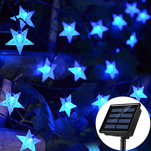 Chasgo Guirlande lumineuse à énergie solaire, 10 m 50 LED bleues étoiles solaires pour extérieur, étanche, guirlande lumineuse décorative pour Noël, fête, mariage, jardin, pelouse, décoration murale