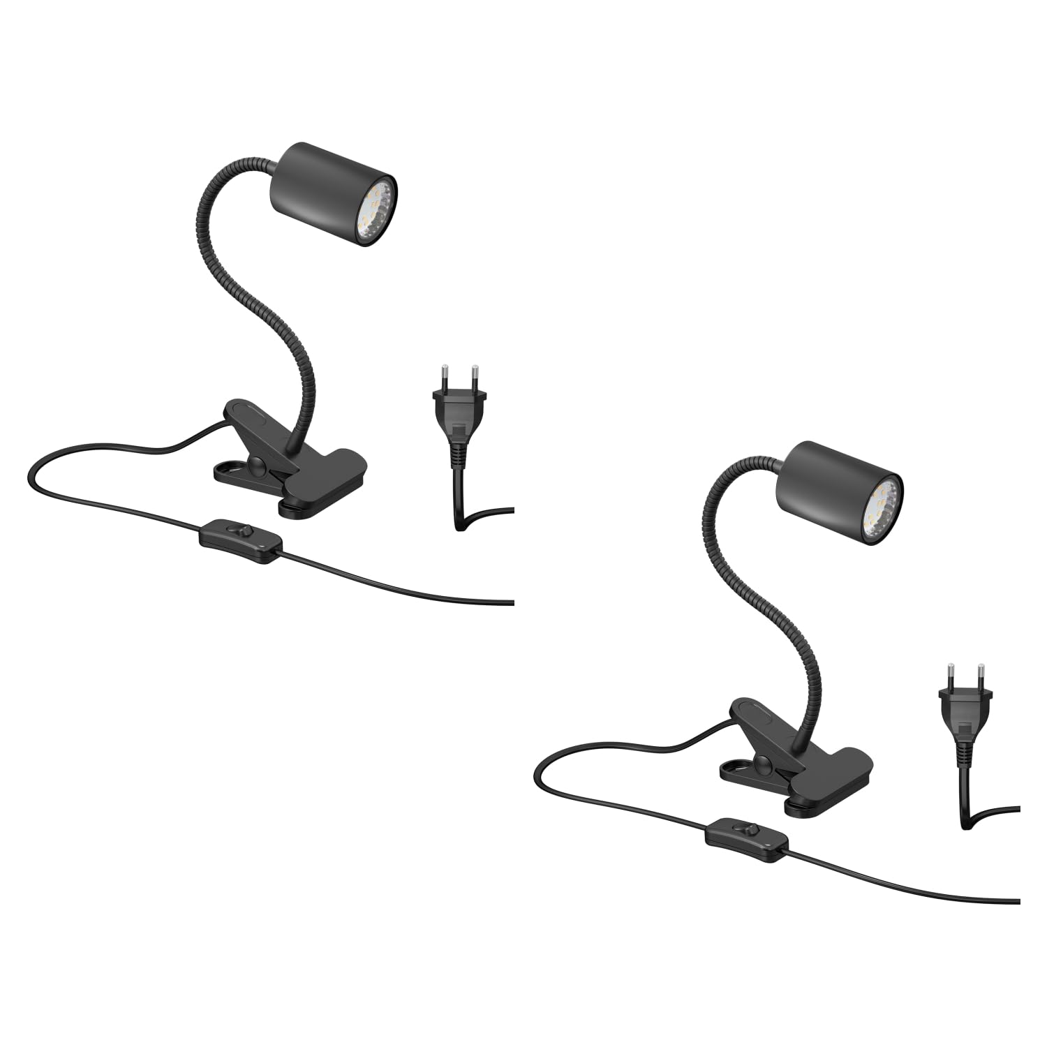 ledscom.de 2x Klemmleuchte WAIKA mit Schwanenhals und Schalter schwarz matt, inkl. GU10 LED Lampe (warmweiß, 2,339W, 227lm, 110°)