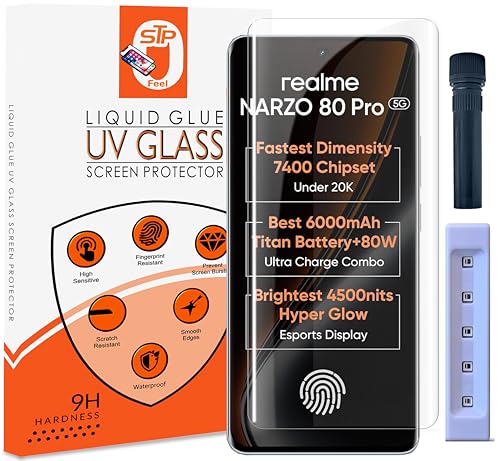 Image of STP FEEL Advanced UV Tempered Glass Screen Protector Guard Compatible For Realme Narzo 80 Pro 5G (6.72 Inch, Pack of 1) Full Adhesive UV Curved Case Friendly HD Clarity with easy installation kit
