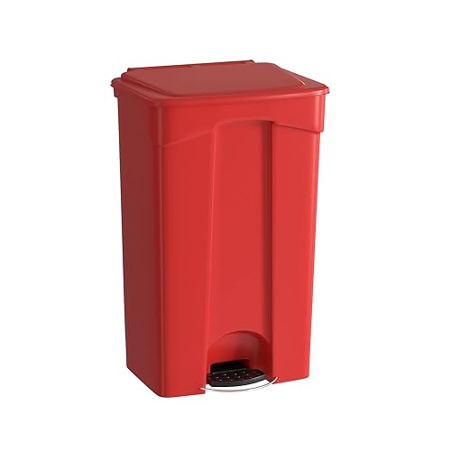 Bote de basura rectangular con ruedas rojas de 32 galones para exteriores con tapa y accesorio de paso, eliminación manos libres para uso comercial