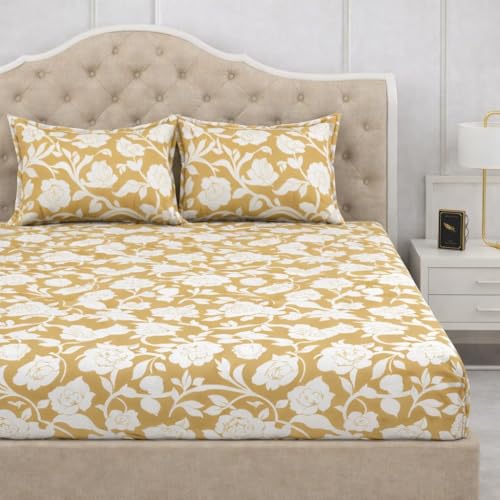 Image of 300 TC Cotton Feel Glace Cotton Elastic Fitted Bedsheet for King Size Double Bed | Fits up to 8 Inch Mattress | Printed Bedsheet with 2 Pillow Covers (Yellow Flower, Queen Size - 60 inchx78 inch)