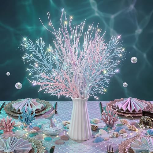Hoteam 24 Pcs Mermaid Table Decorations Mermaid Birthday Party Supplies Artificial Glitter Coral Branch Table Centerpiece Fake Coral Stem Decoration for Under The Sea Party Ocean Baby Shower Favors