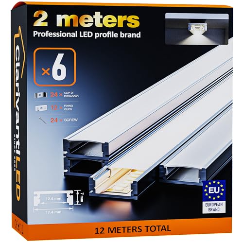 ClarivantiLED 2m×6 Profilé Aluminium LED Rail avec Diffuseur Goulotte et Profile Alu pour Ruban LED Profilé en U pour Installation Facile Support LED Couvercle Blanc Embouts et Clips Montage