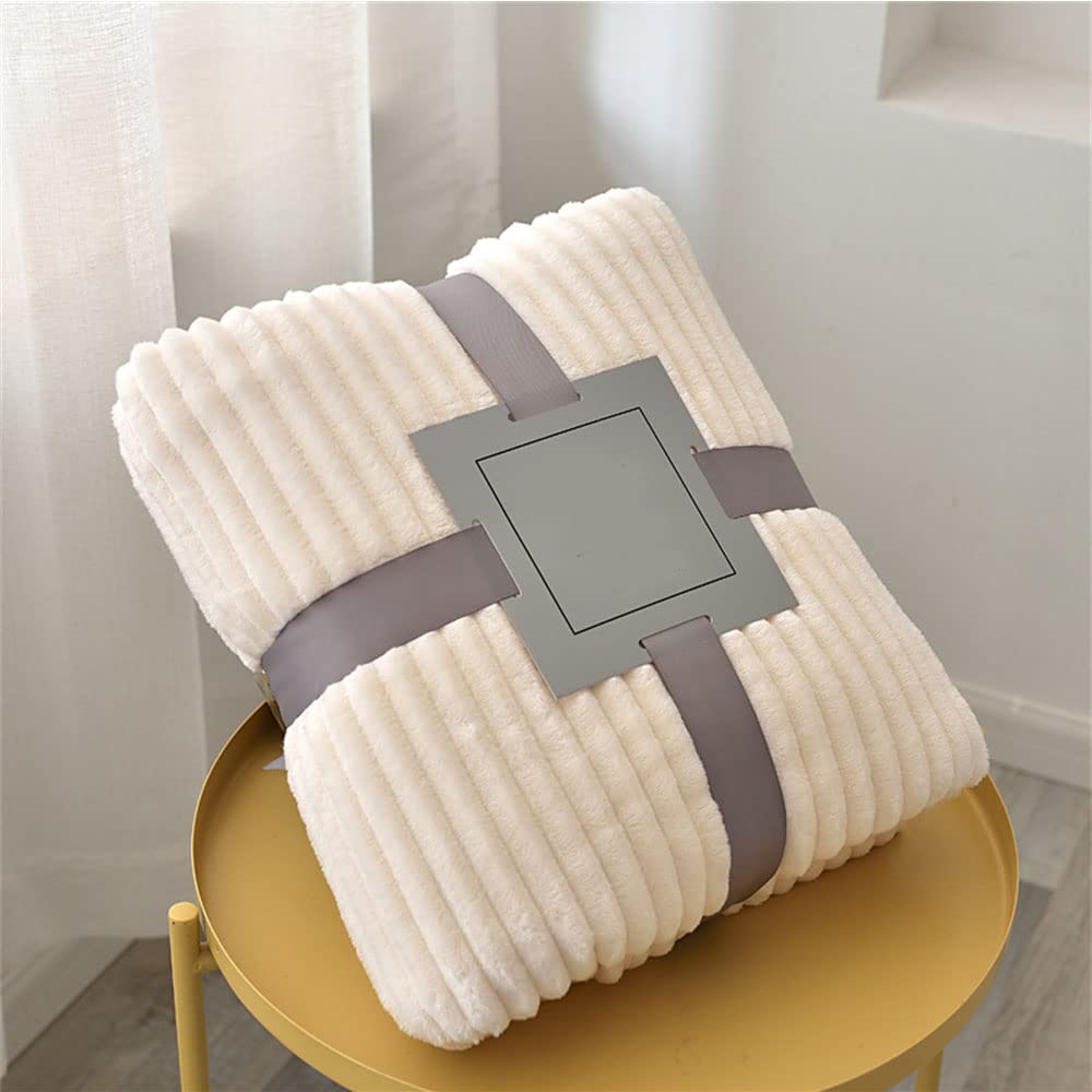 Enen Beige Ribbed Cord Faux Throw Blanket Fur Coral Fleece Sofa Bed Throwover Soft Touch Blanket Stripe Flannel Blanket For Sofa Bed Office Use (120X200cm,)