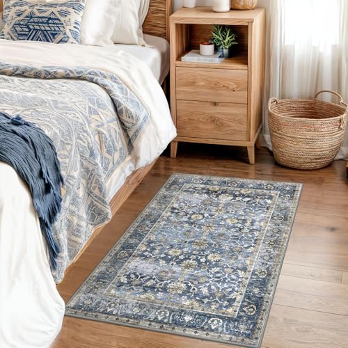 Image of KUTA Vintage 2x3 Rugs for Entryway, Non-Slip Washable Area Rug & Indoor Door Mat with Floral Print, Blue Grey Beige Ultra Thin Soft Low-Pile Throw Rug for Kitchen Front Door, Bedside, Small Spaces