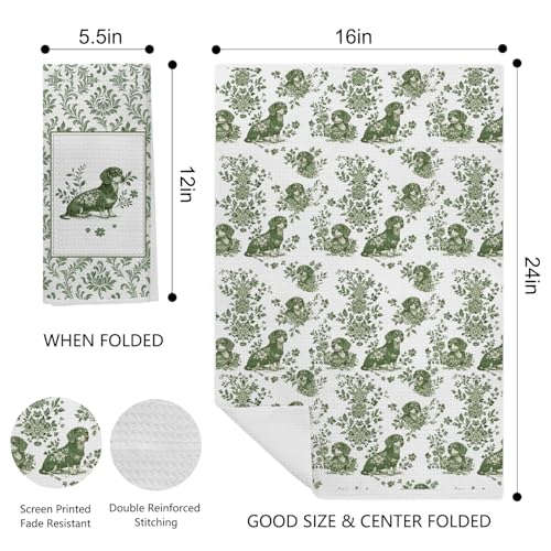 Image of Green Chinoiserie Dachshund Kitchen Towels Set of 2 | Perfect for Dachshund lovers, dog moms, housewarmings, birthdays, and holiday gifting.