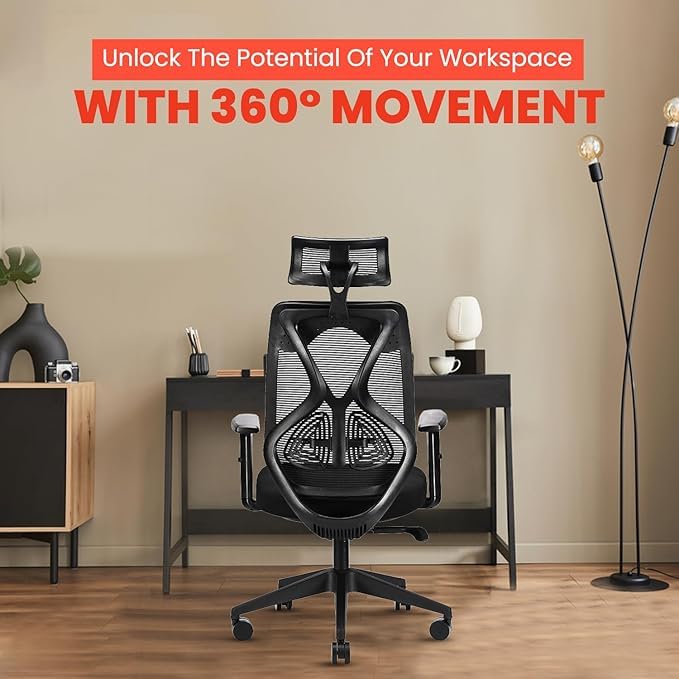 Image of IAFA FURNITURE Ergolux High Back Ergonomic Office & Study Chair | 3 Year Warranty | Adjustable Height, Tilt Lock, 2D Headrest, Adjustable Arms & Lumbar Support | Nylon Base | DIY | (Black)