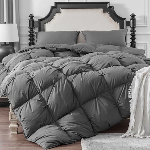 Image of KAKABELL Pinch Pleat Goose Down Feathers Fiber Comforter King Size All Season-Ultra Soft and Cozy Noiseless Duvet Insert with Egyptian Cotton Blend Cover,Fluffy Warm Comforter Insert(Grey,90 inchX106 inch)
