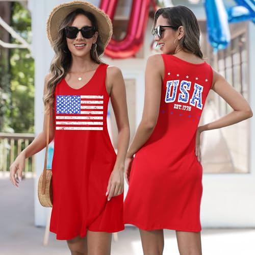 Image of NEWWEN American Flag Dress Women 4th of July Sleeveless Tank Dress 250 Anniversary USA Patriotic Summer Sundress