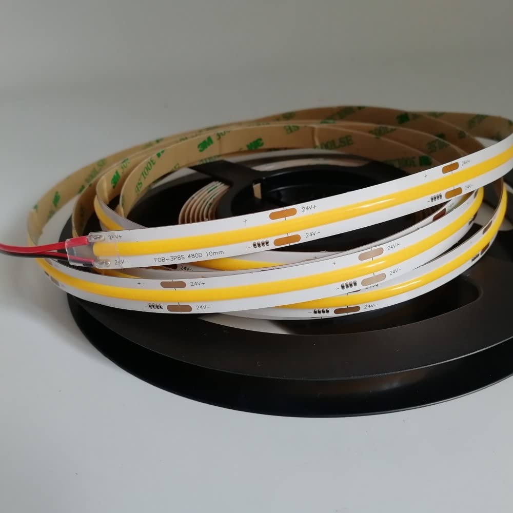 Rotolo 5 Metri Striscia Led COB 10 W/M Luce Continua 5 Mt 24 V con Biadesivo Mod. Premium (3000 K Luce Calda (Warm White))