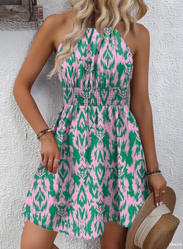 Image of BLENCOT Womens Summer Beach Halter Neck Dresses Casual Smocked A Line Floral Mini Dress with Pockets