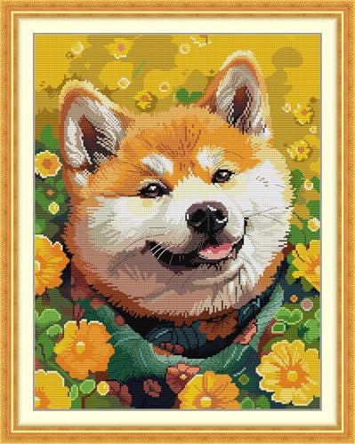 Image of Stitchhaven 14CT Cute Animal Counted Cross Stitch Kit for Beginners, Unprinted Complete DIY Embroidery Set with Pattern & Tools, Premium Aida Cloth & Threads (Akita Dog)
