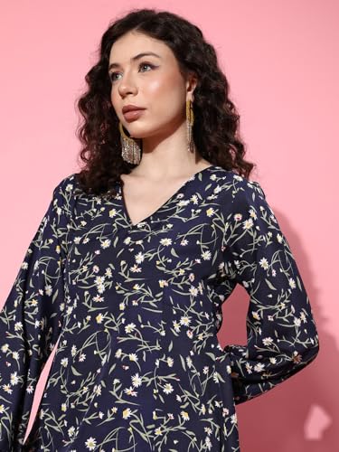 Image of Varanga Navy Blue Floral Printed v-Neck a-line Dress, Flared Hem