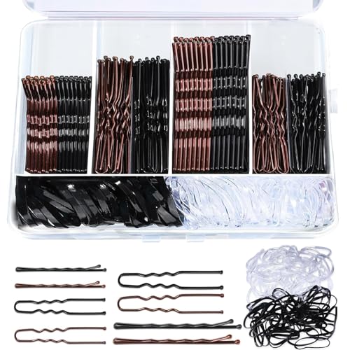 300pcs Bobby Pins Kit, 200 Hair Grips 100 Rubber Hair Bands for Women, U Shaped Hair Pins Black and Brown Bobby Pin Styling Accessories with Storage Box, 2inch, 2.36inch, 2.75inch