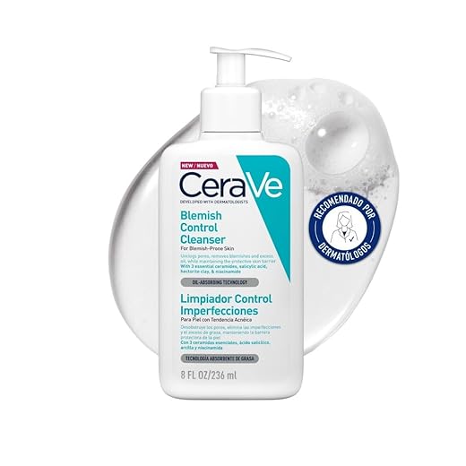 CeraVe Espuma limpiadora antiacné con ácido salicíclico y arcilla purificante para piel grasa, 236 ml