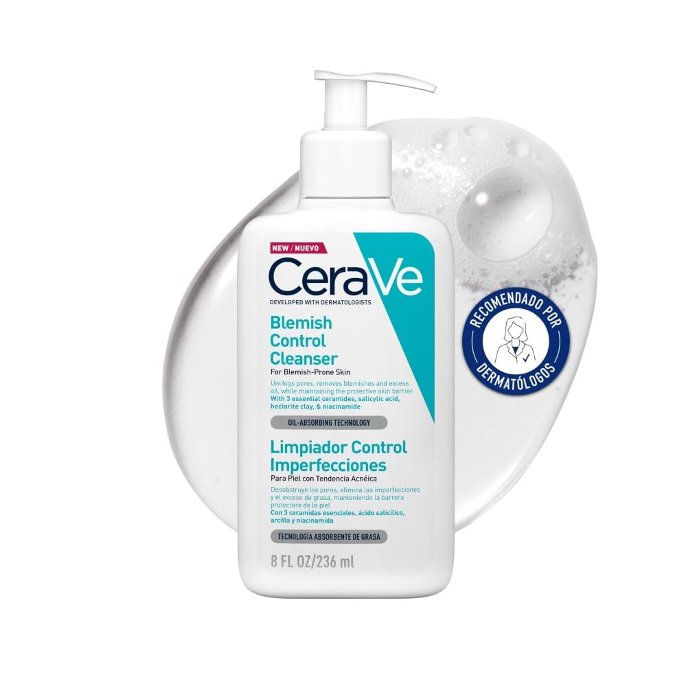 CeraVe – Blemish Control, gel de limpeza para acne e pele oleosa, reduz a acne, pontos pretos e melhora os poros, tratamento em gel com ácido salicílico, 236 ml