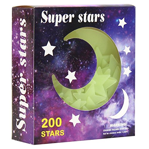 Sunfar 200 pcs Glow in The Dark Stars for Ceiling,Luminous Brighter Glow Moons Wall Decor,Kids Bedroom Decoration,Wall Stickers for Bedroom or Party Christmas Birthday Gift