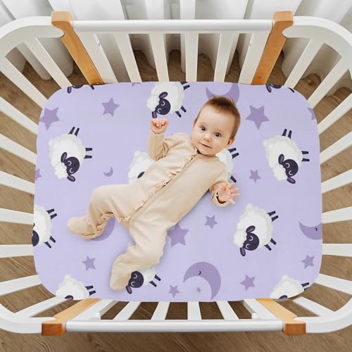 Image of Sheep Moon Stars Purple Fitted Crib Sheet for Boys Girls Baby Bed Sheet for Baby Gift,52 X 28 in
